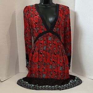 Forever 21 Women floral Red Black Blouse Boho Peasant Casual Sz Small Long Sleev